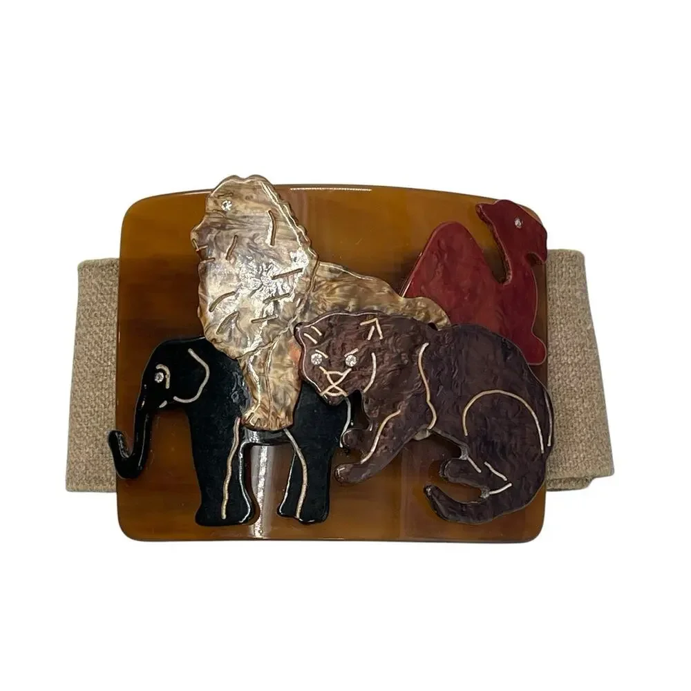 Vintage Statement Belt Buckle Animal Safari Plastic Rhinestone Eyes Stretchy